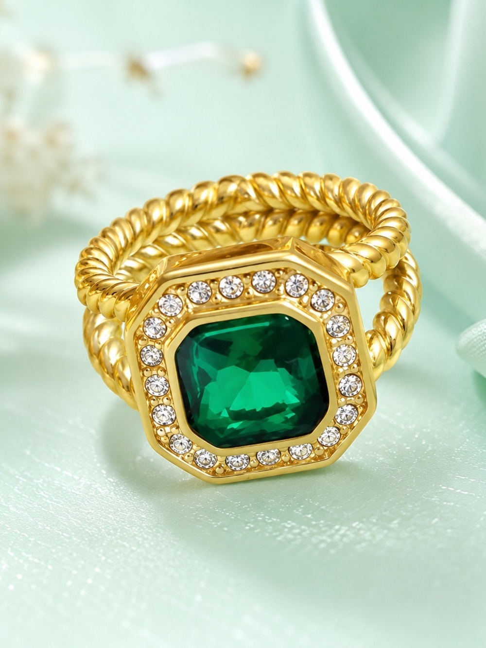 Emerald Green Statement Ring | 18K Gold Plated with Pavé Accents
